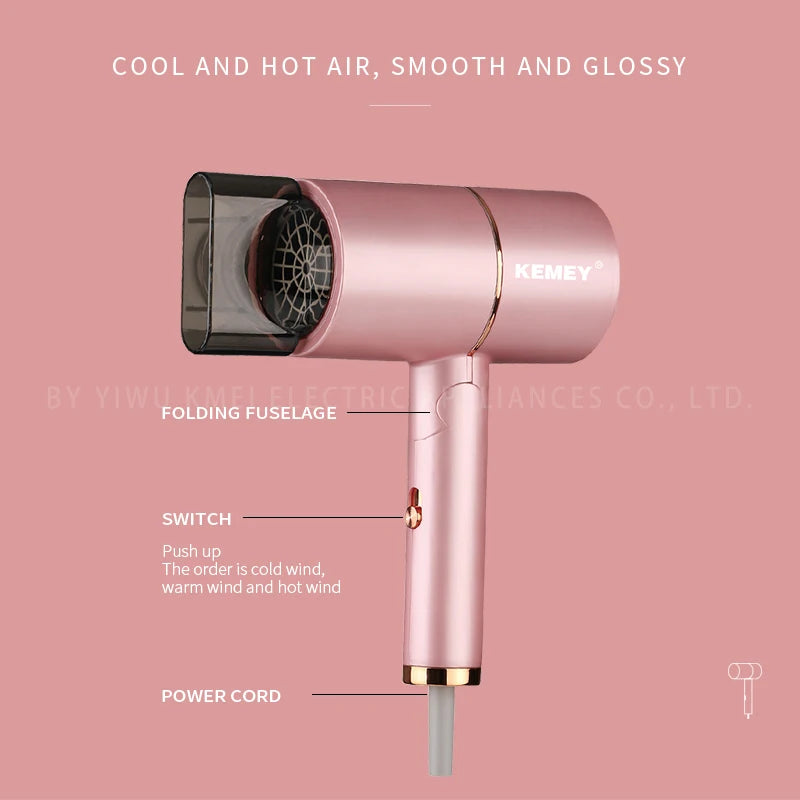 Kemei Negative Ion Hair Dryer – Foldable 2000W Pink