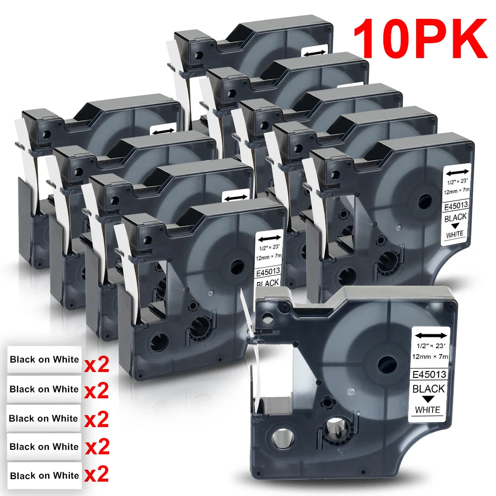 10-Pack Dymo D1 45013 Compatible Label Tapes 12mm Black/White