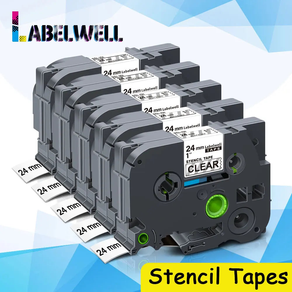 Labelwell 5-Pack Brother STe-151 Stencil Tape 24mm Black on Clear