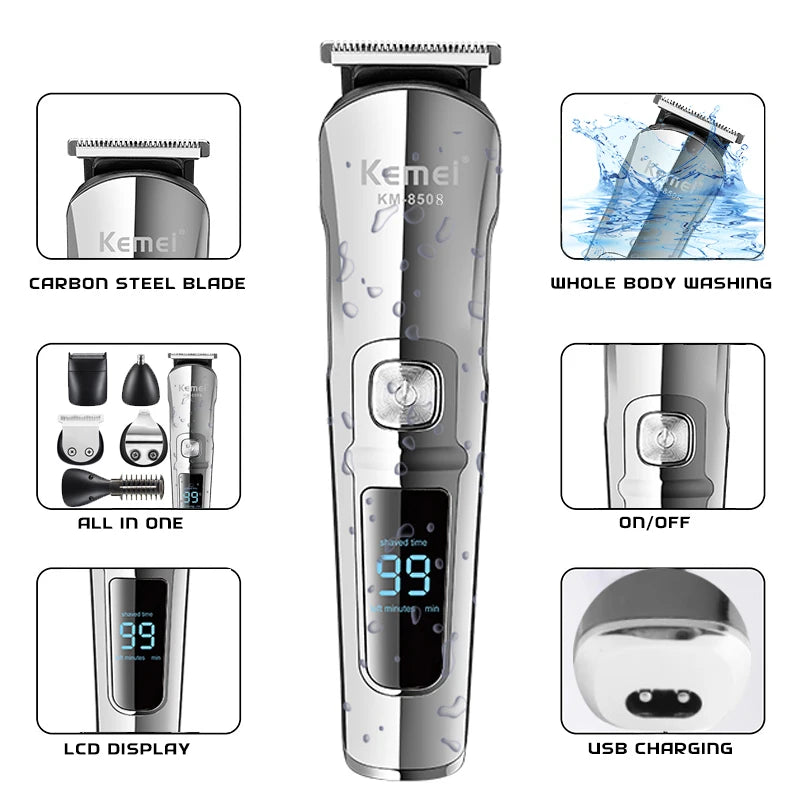 Kemei KM-8508 6-in-1 Waterproof Beard & Hair Trimmer for Men
