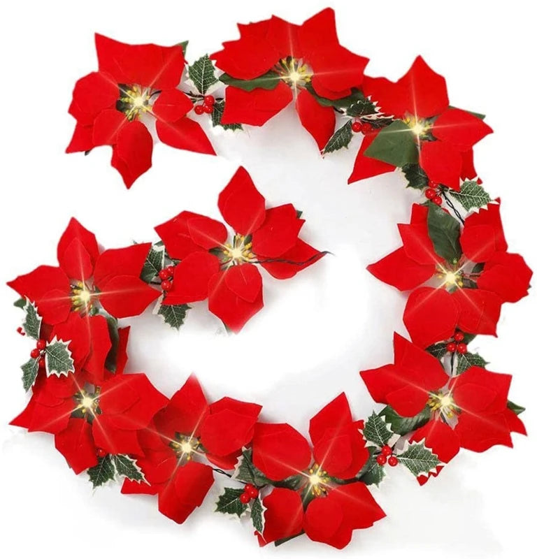 2M Christmas Poinsettia LED Garland – 10 LEDs, Red Berries