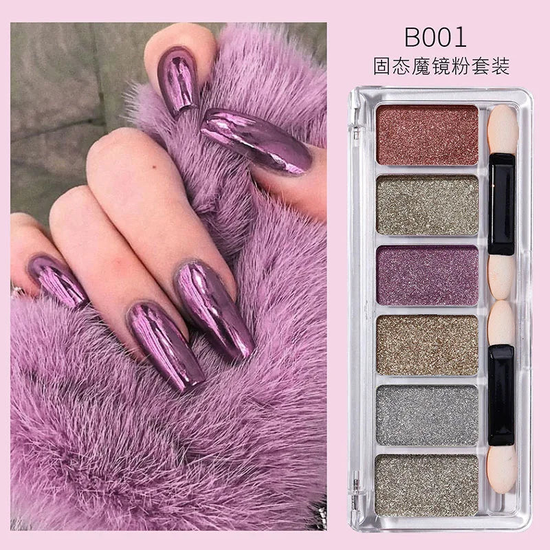 6-Color Solid Mirror Nail Powder – Aurora Holographic Glitter Set