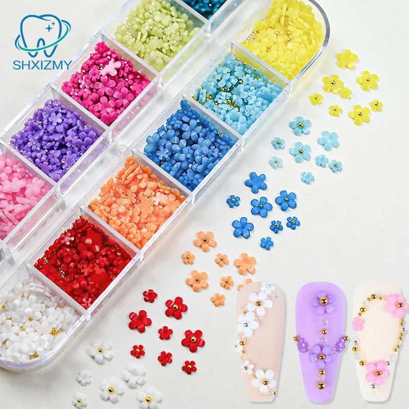 12-Grid 3D Flower Nail Art Charms – Rhinestones & Beads Kit