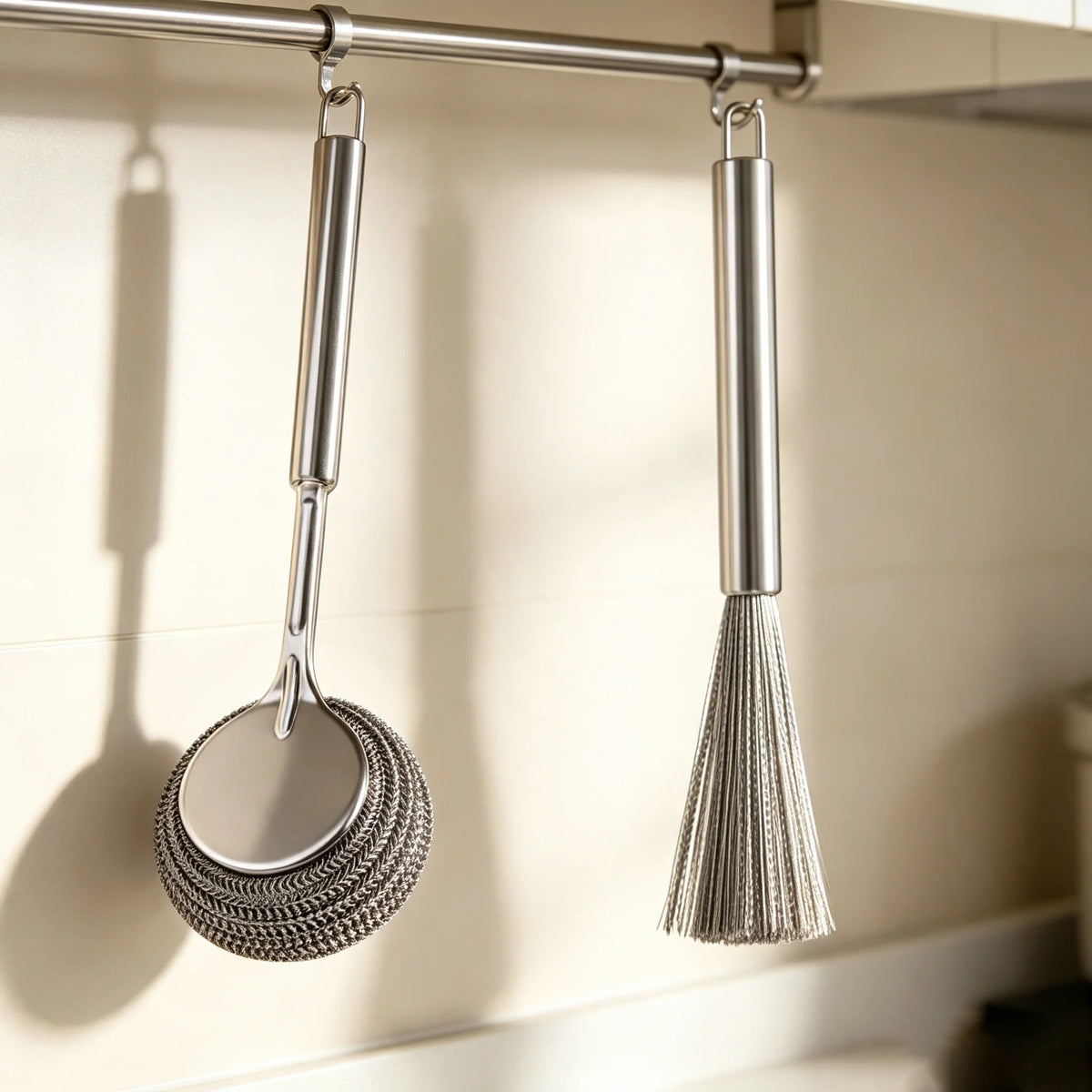 Stainless Steel Long Handle Pot Brush Set – 2-Piece Scrubber
