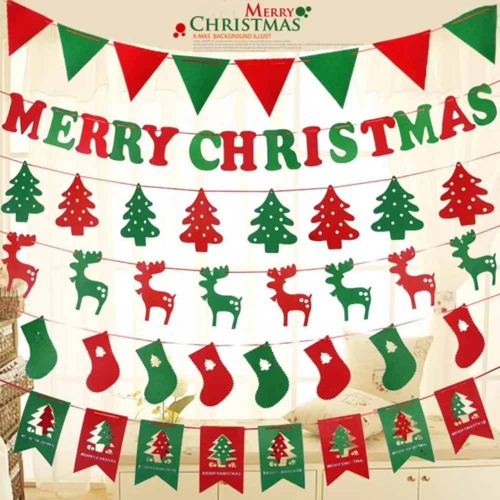 Felt Christmas Banner – Elk & Santa Xmas Pull Flag Wall Decor