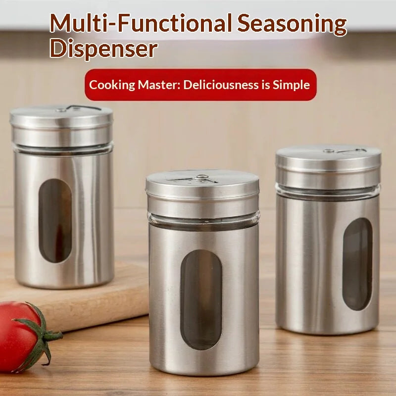 Stainless Steel Glass Spice Shaker – Rotating Salt & Pepper Jar