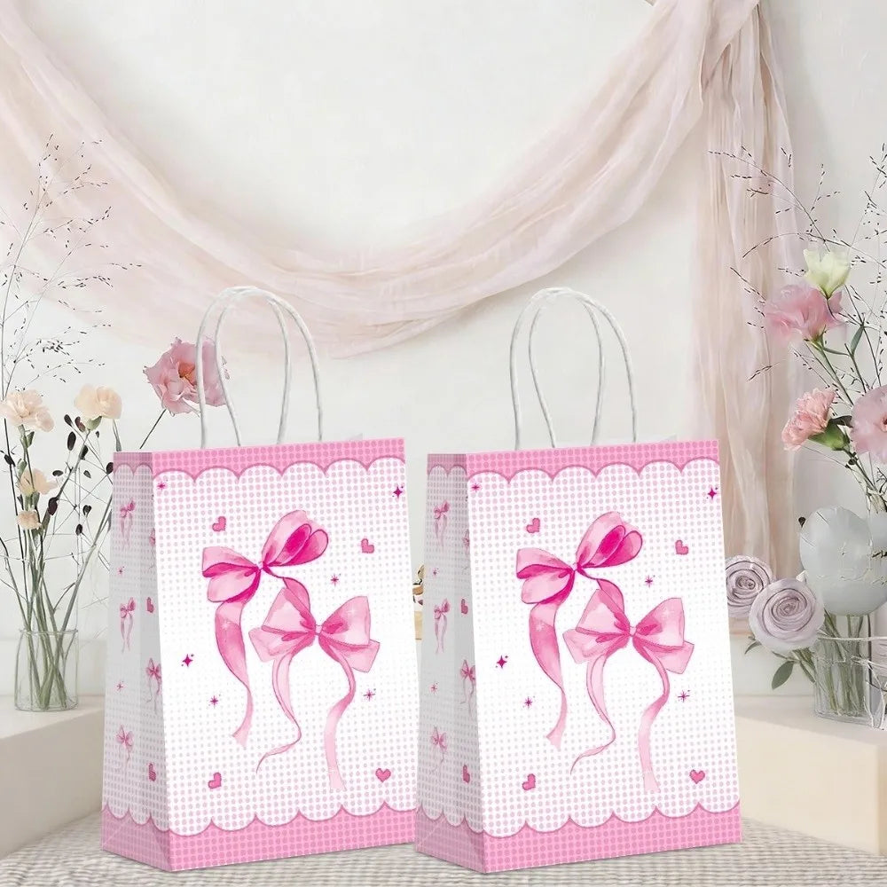 5-Pack Pink Kraft Paper Gift Bags with White Bow – Birthday Party