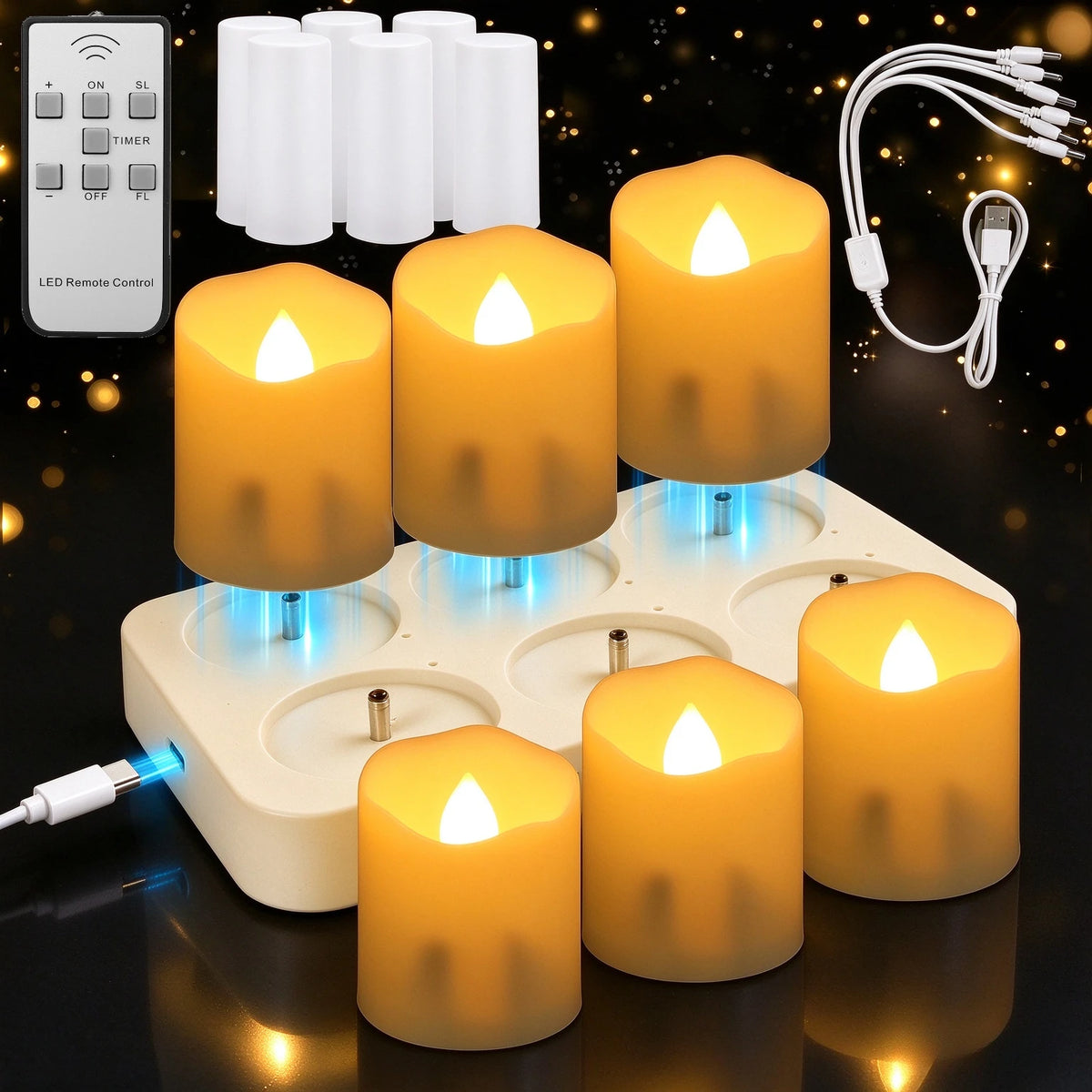 Rechargeable LED Flameless Tealights with Remote & Timer – 6 Pack