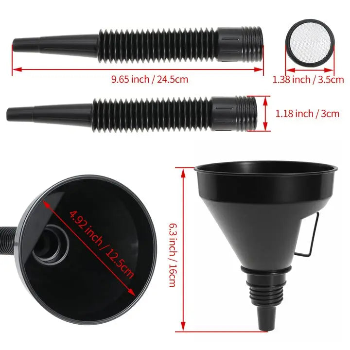 Wide Mouth Oil Funnel – Flexible Hose & Mesh Filter, Spill-Proof