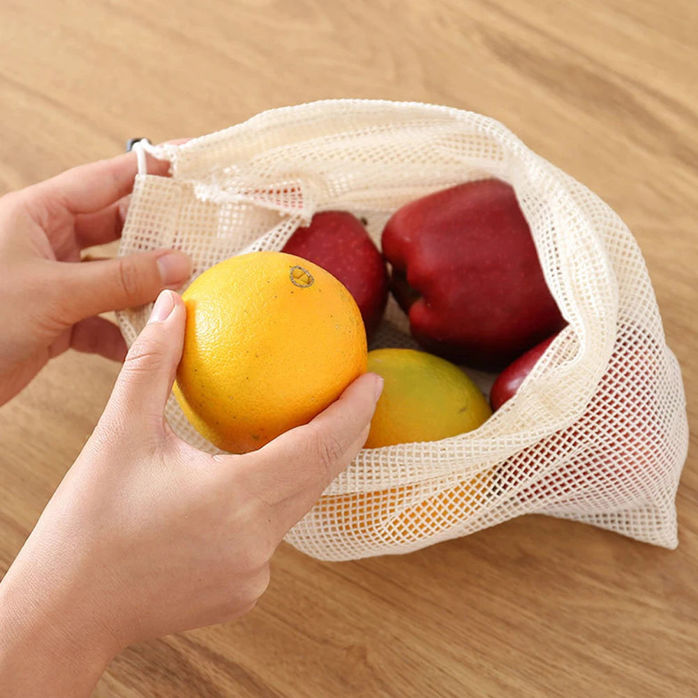 3-Pack Reusable Cotton Mesh Produce Bags with Drawstring