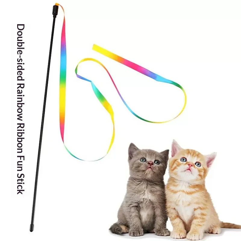 Rainbow Ribbon Cat Teaser Wand – Interactive Kitten Toy