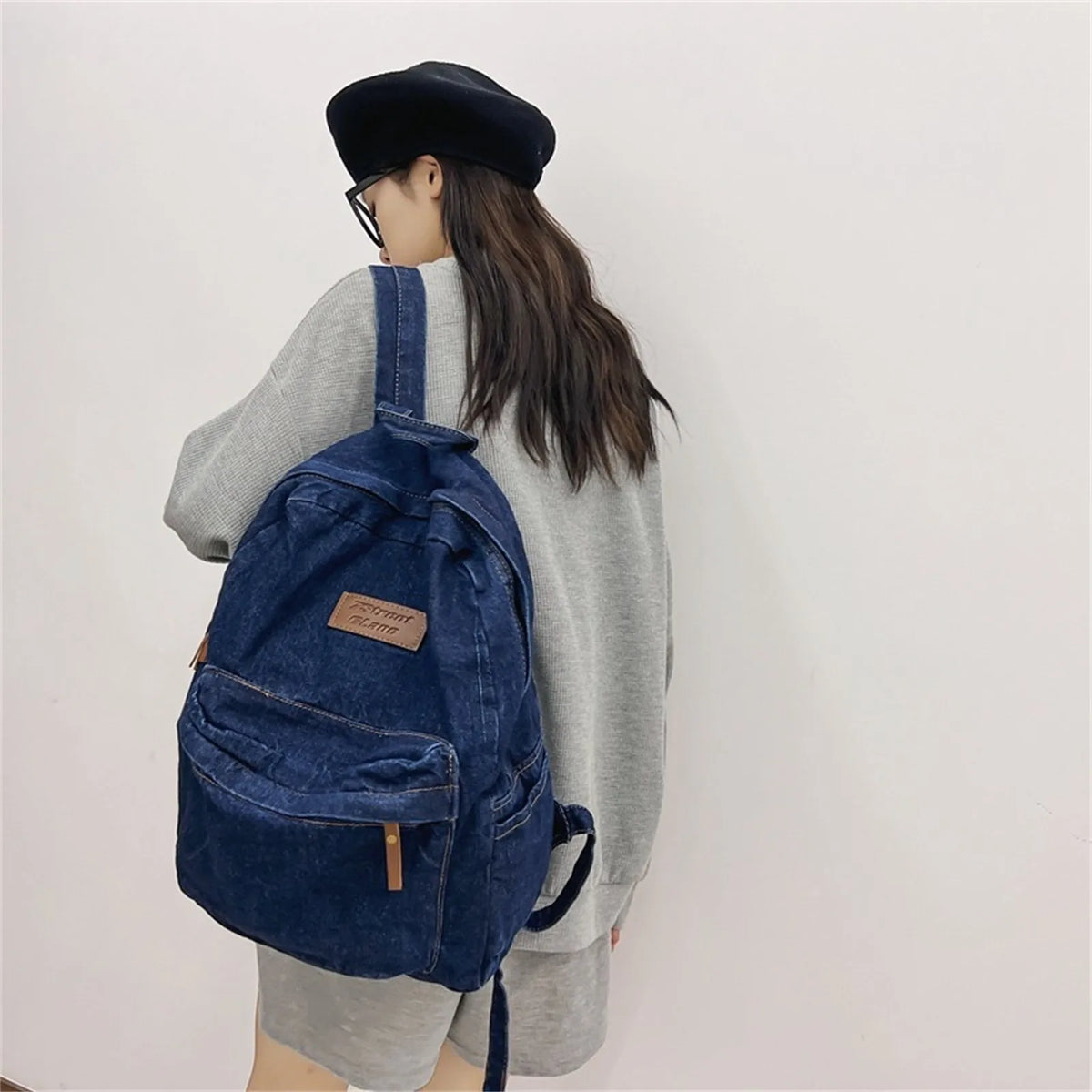 Vintage Washed Denim Backpack – Retro Rucksack for Women
