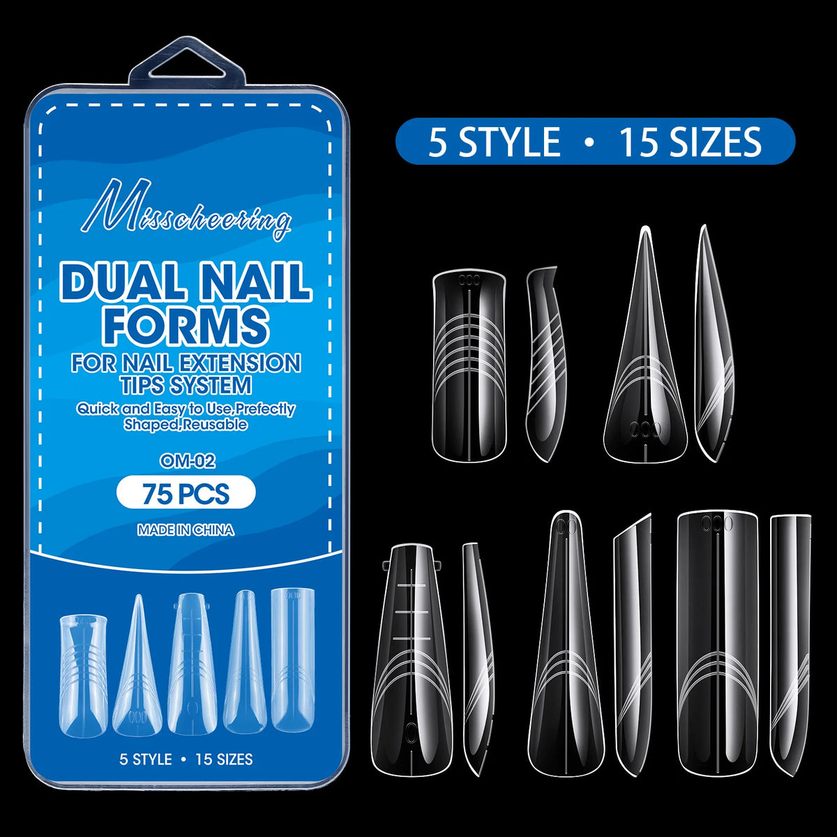 75Pcs Dual Nail Forms – 5 Shapes Poly Gel Extension Molds