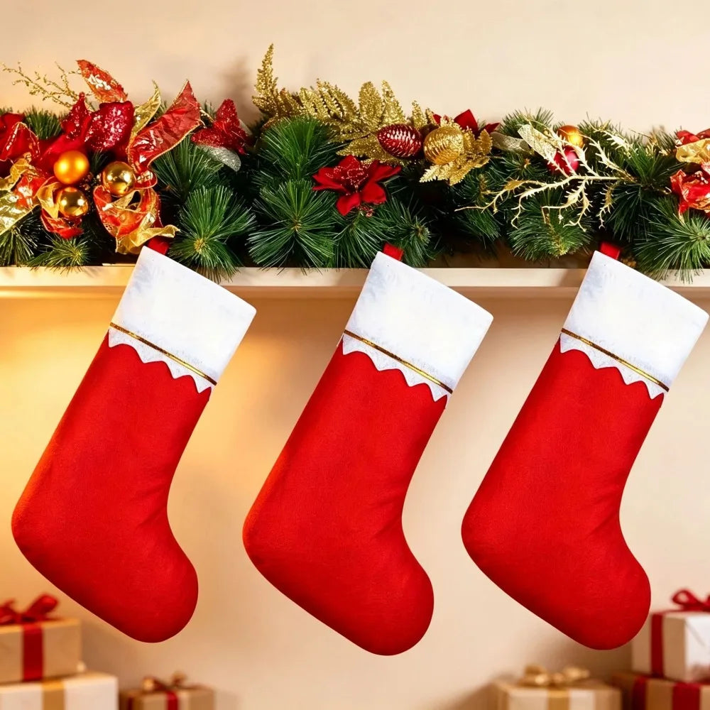 Red Felt Christmas Stocking Golden Trim | Fireplace Décor