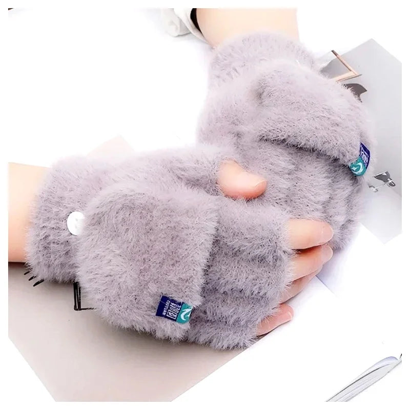 Plush Fingerless Flip Mittens – Warm Knit Winter Gloves