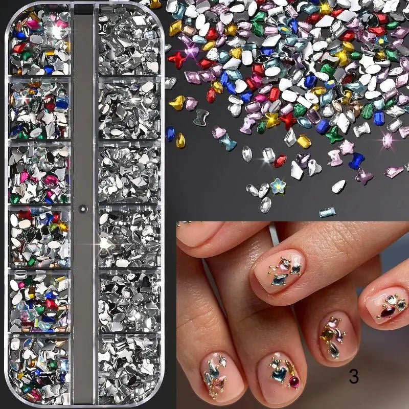 12-Grid 3D Flatback Nail Rhinestones – Crystal Diamond Nail Art