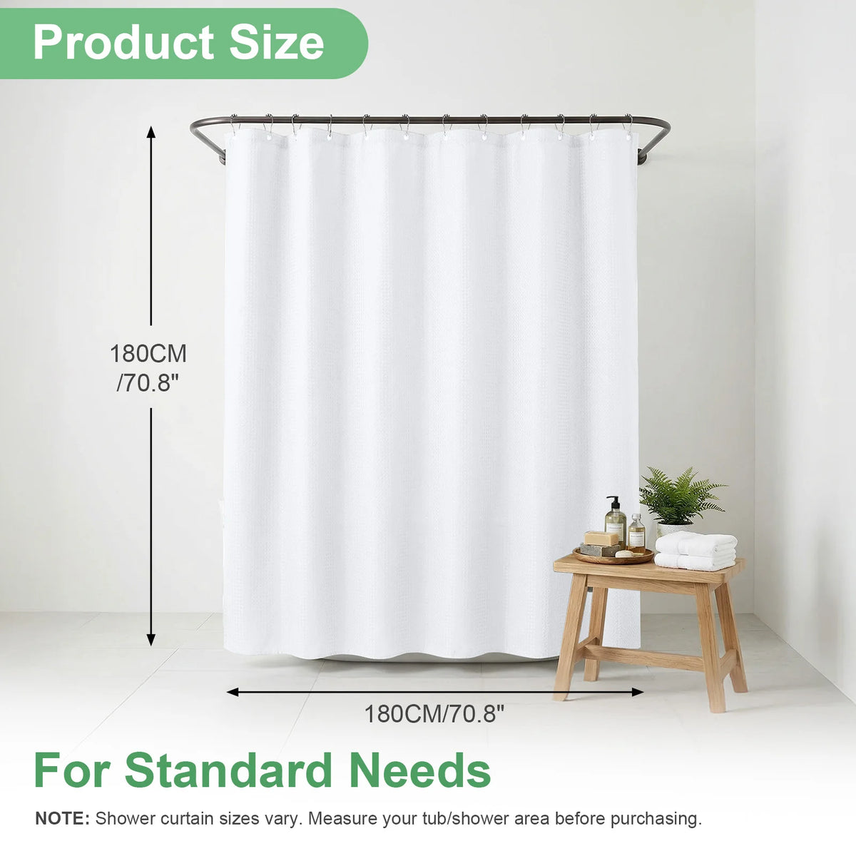 Waffle Weave Shower Curtain 180x180cm | Waterproof + 12 Hooks