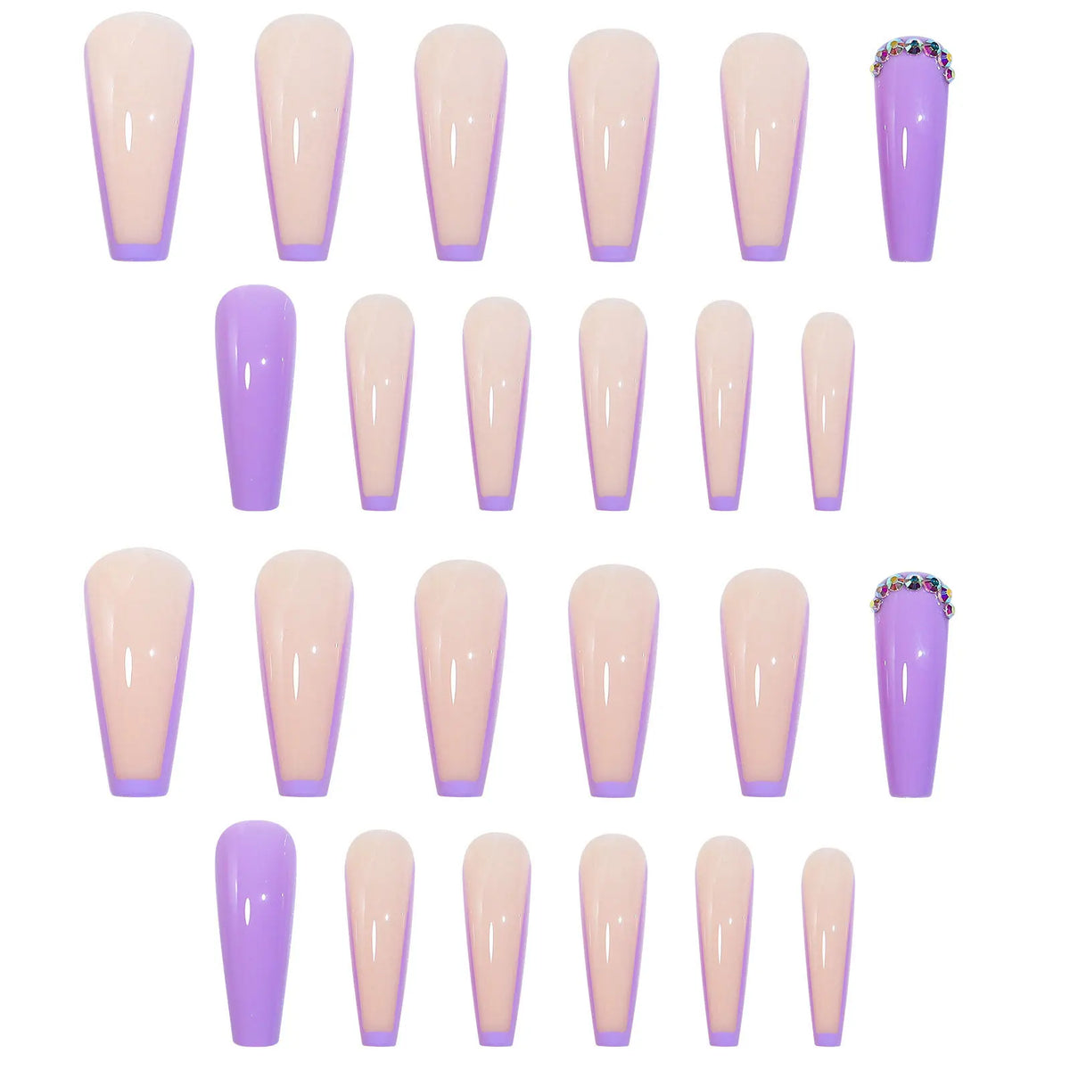 Long Coffin Press-On Nails – Purple French Tip & Rhinestones