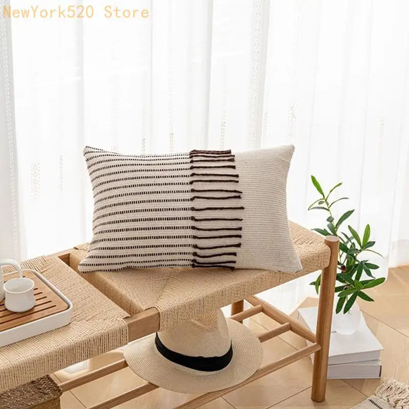 Boho Morocco Tufted Pillow Cover Woven Knit Fringe Tassel