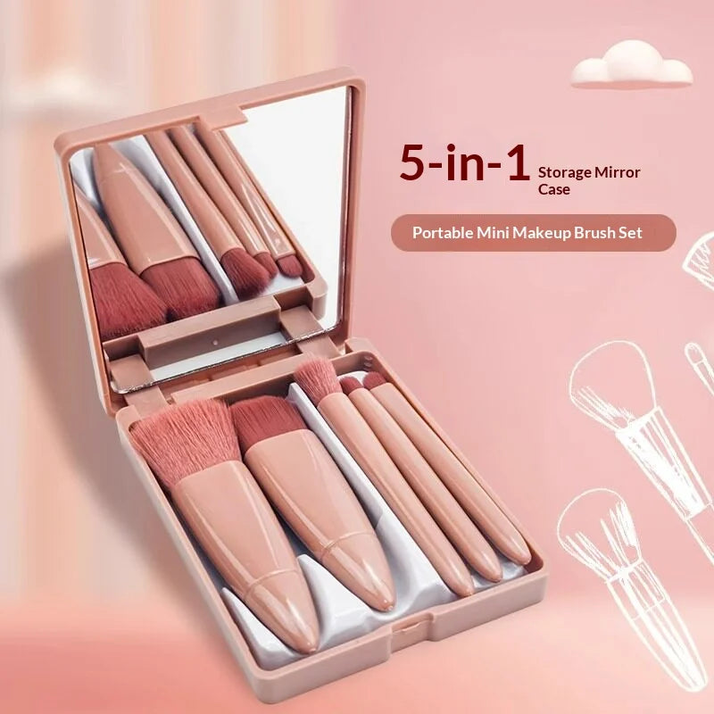 5-Piece Travel Makeup Brush Set with Built-In Mirror Case
