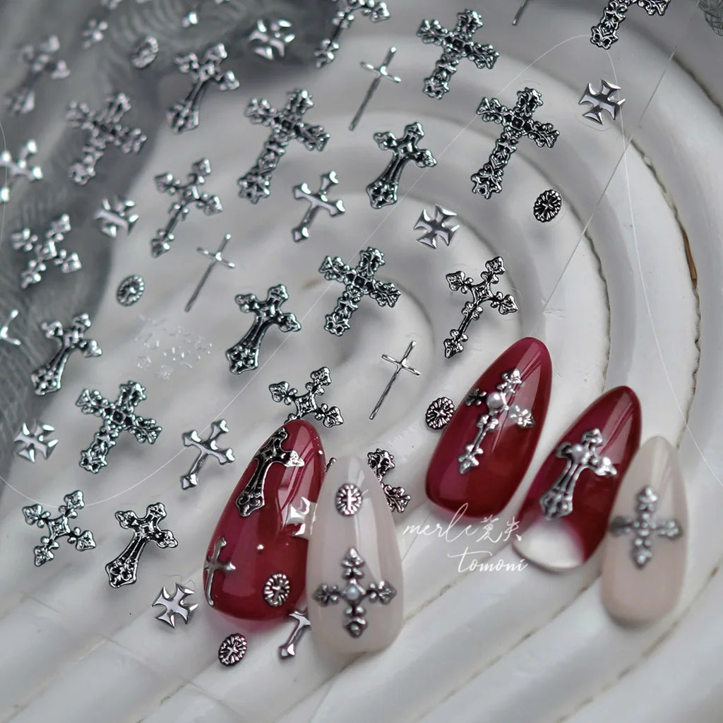 Dark Retro Cross Metal Nail Stickers – Self-Adhesive DIY Decals