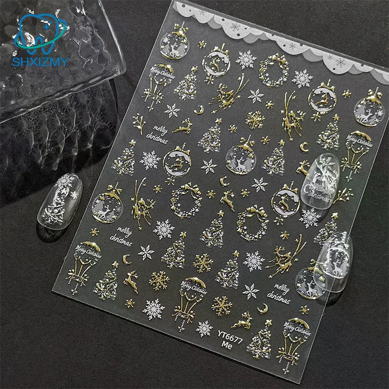 Christmas Nail Art Stickers – Gold Elk, Snowflake & Wreath