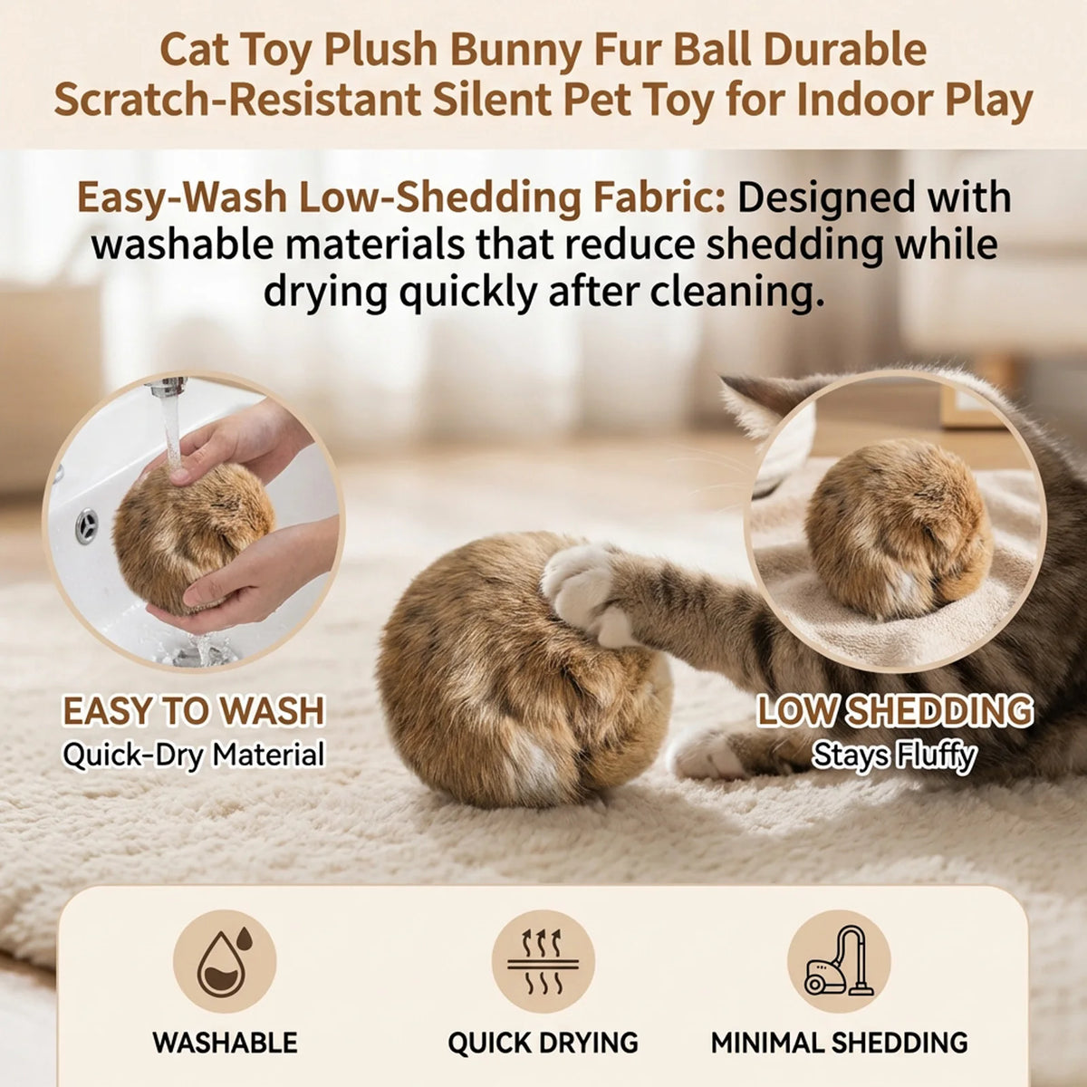 Catnip Plush Bunny Fur Ball Cat Toy – Silent & Durable