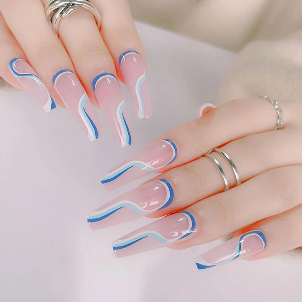 24pc Long Coffin Press On Nails Nude Blue Wavy Ballet Design