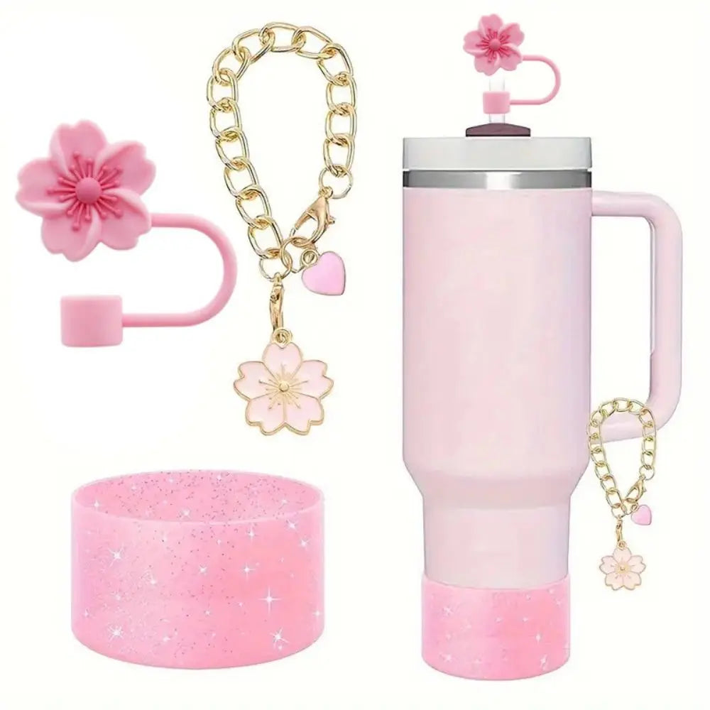4-Piece Silicone Cup Boot & Straw Cover Set – Cherry Blossom