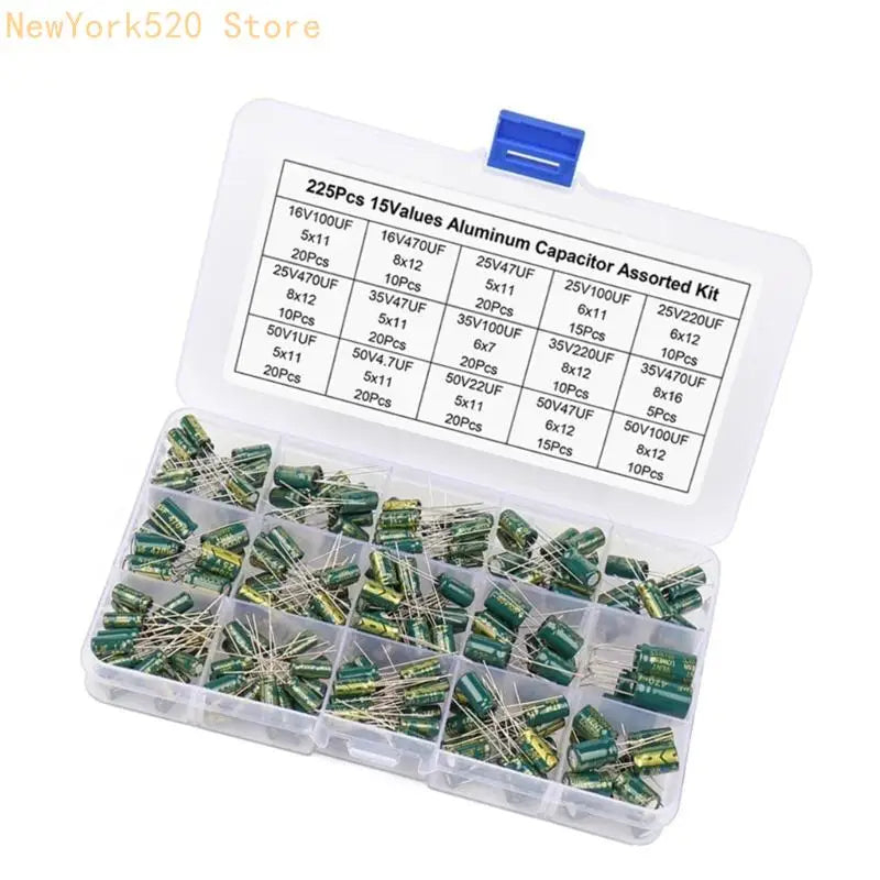 225PCS Aluminum Electrolytic Capacitor Kit – 15 Values 16V–50V