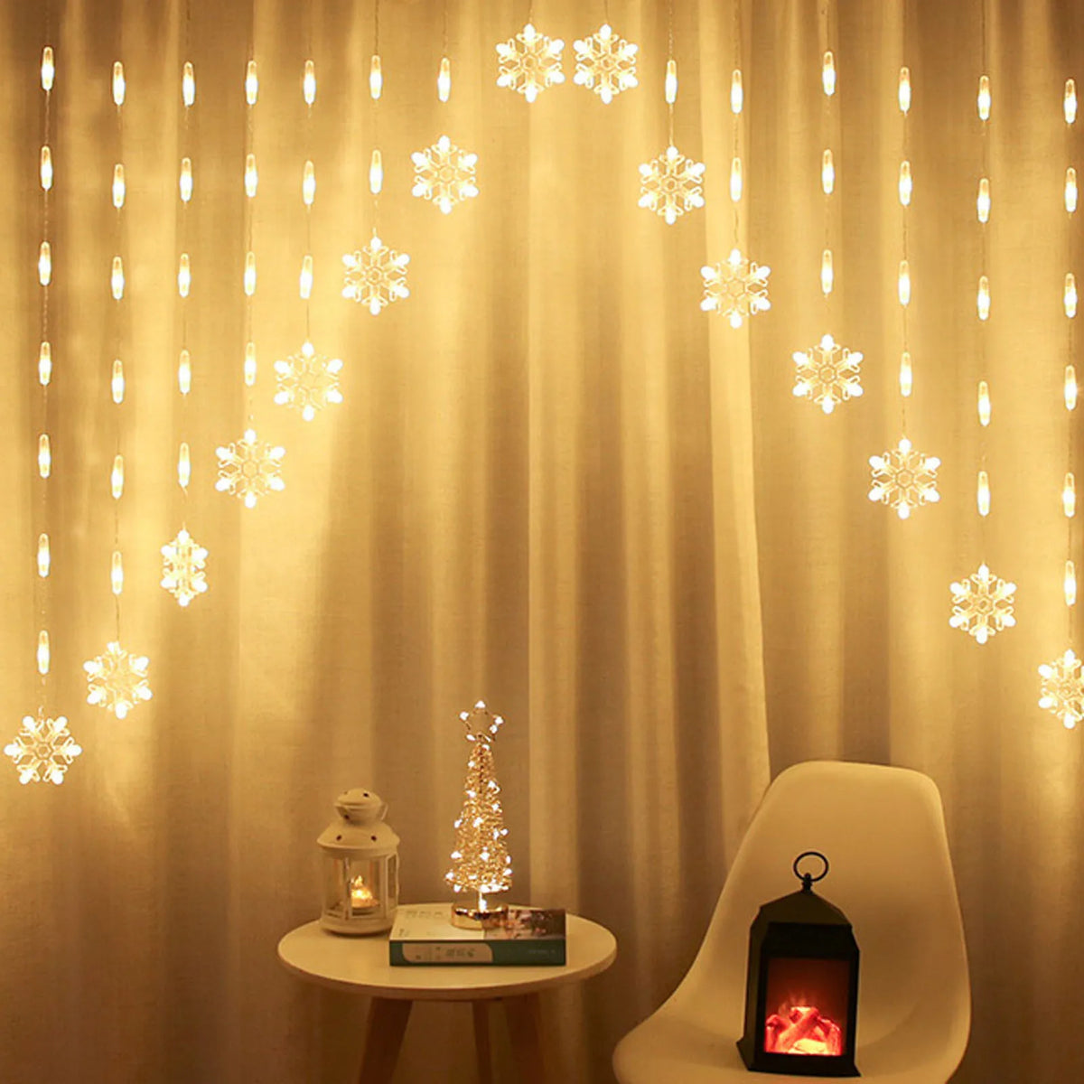 Snowflake Curtain String Lights – Christmas Indoor Outdoor Decor