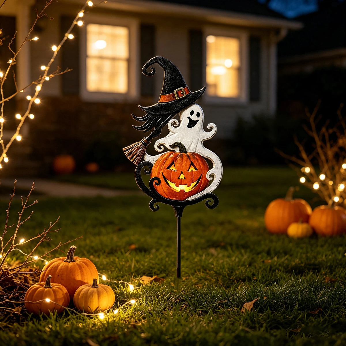 Halloween Witch Hat Pumpkin Metal Garden Stake Outdoor Decor