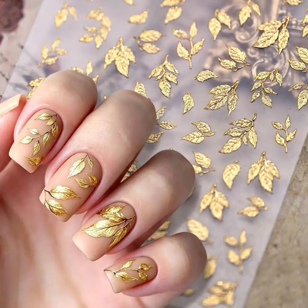 Gold Silver Leaf Nail Stickers – 3D Embossed Self-Adhesive Decals