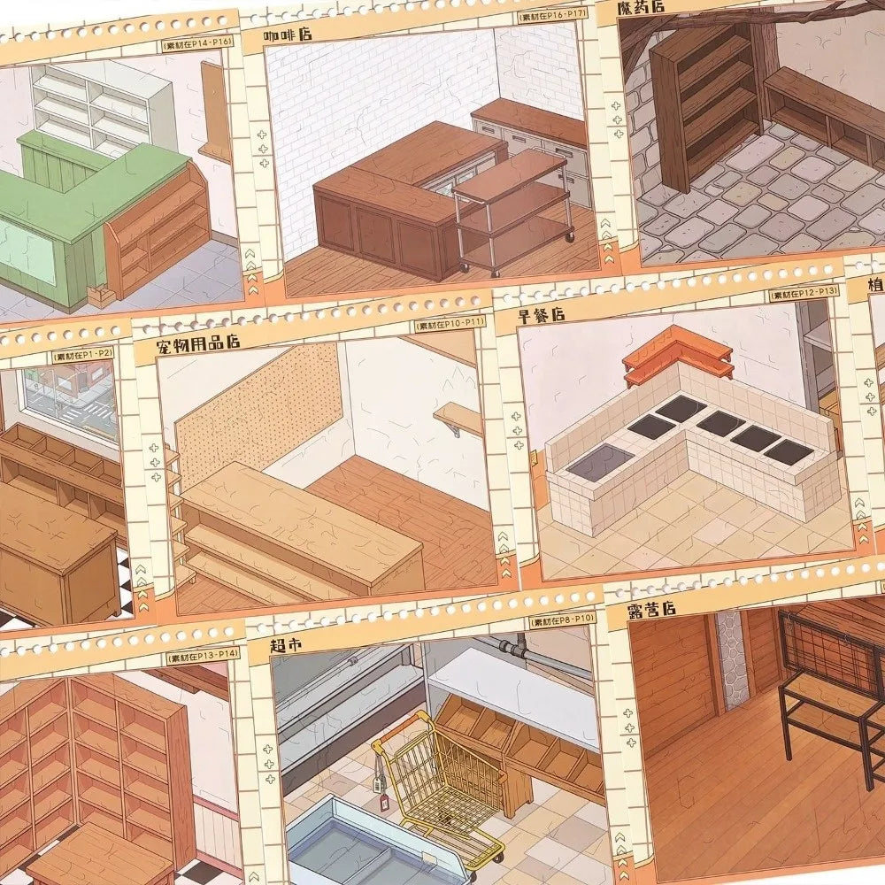 3D Shop Scene Sticker Book – 10 Miniature Scenes Waterproof PET