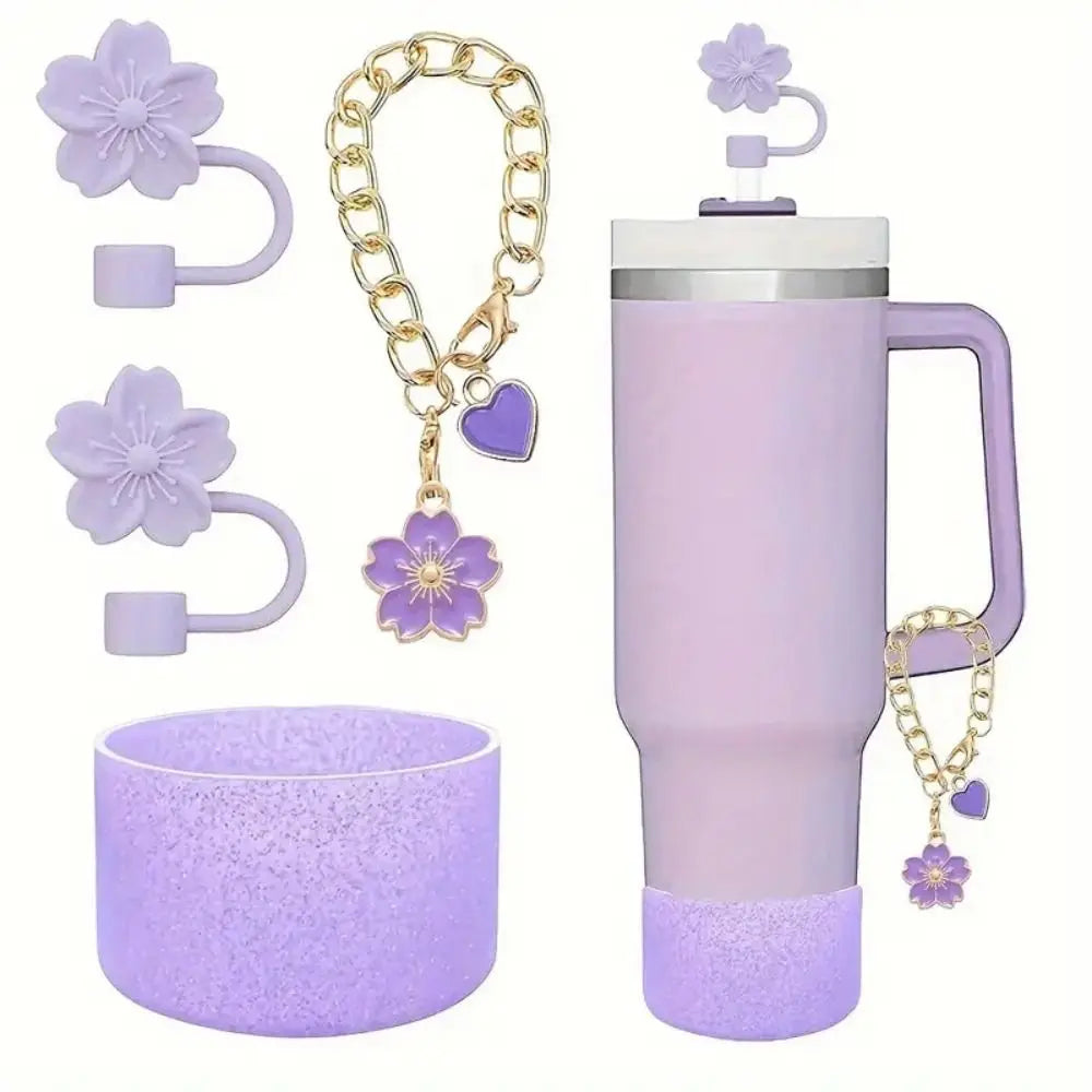 4-Piece Silicone Cup Boot & Straw Cover Set – Cherry Blossom