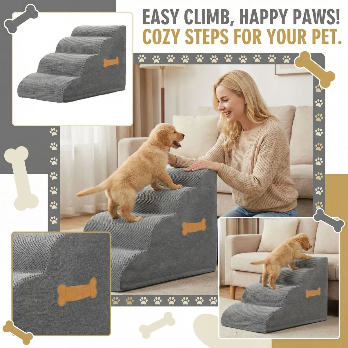 Grey Non-Slip Pet Stair Tread Pads 40x40x30cm Dogs & Cats