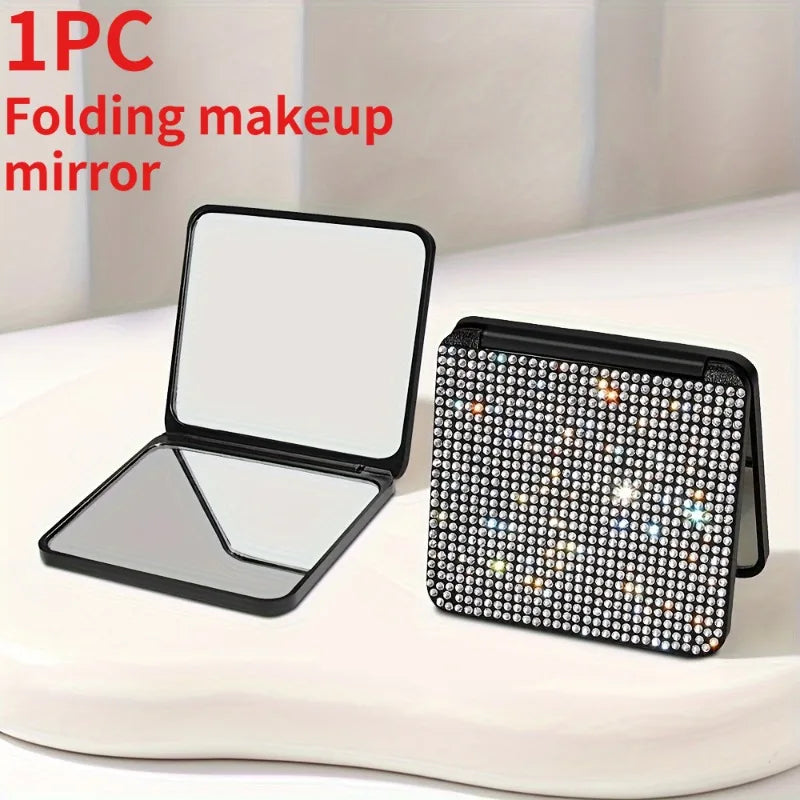 Rhinestone Folding Makeup Mirror – Dual-Sided Compact