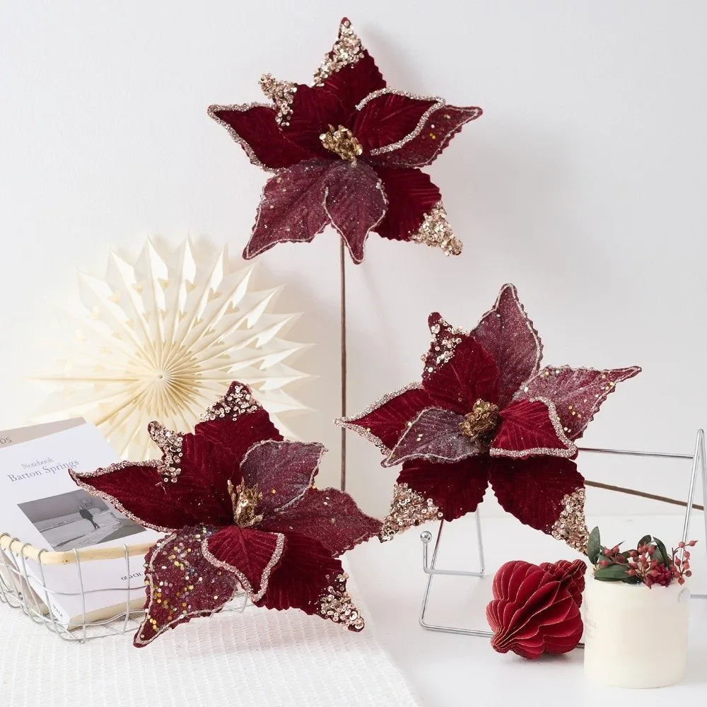 26CM Wine Red Glitter Artificial Poinsettia Flower | Christmas Decor