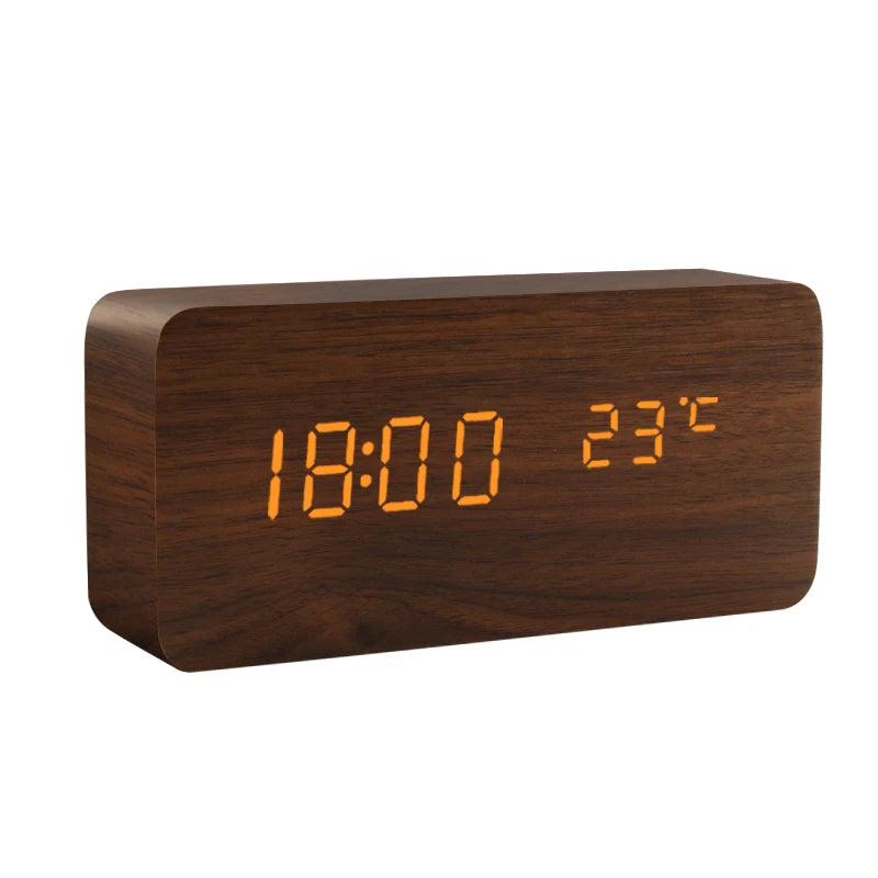LED Digital Alarm Clock Wooden Style Voice Control USB/Battery