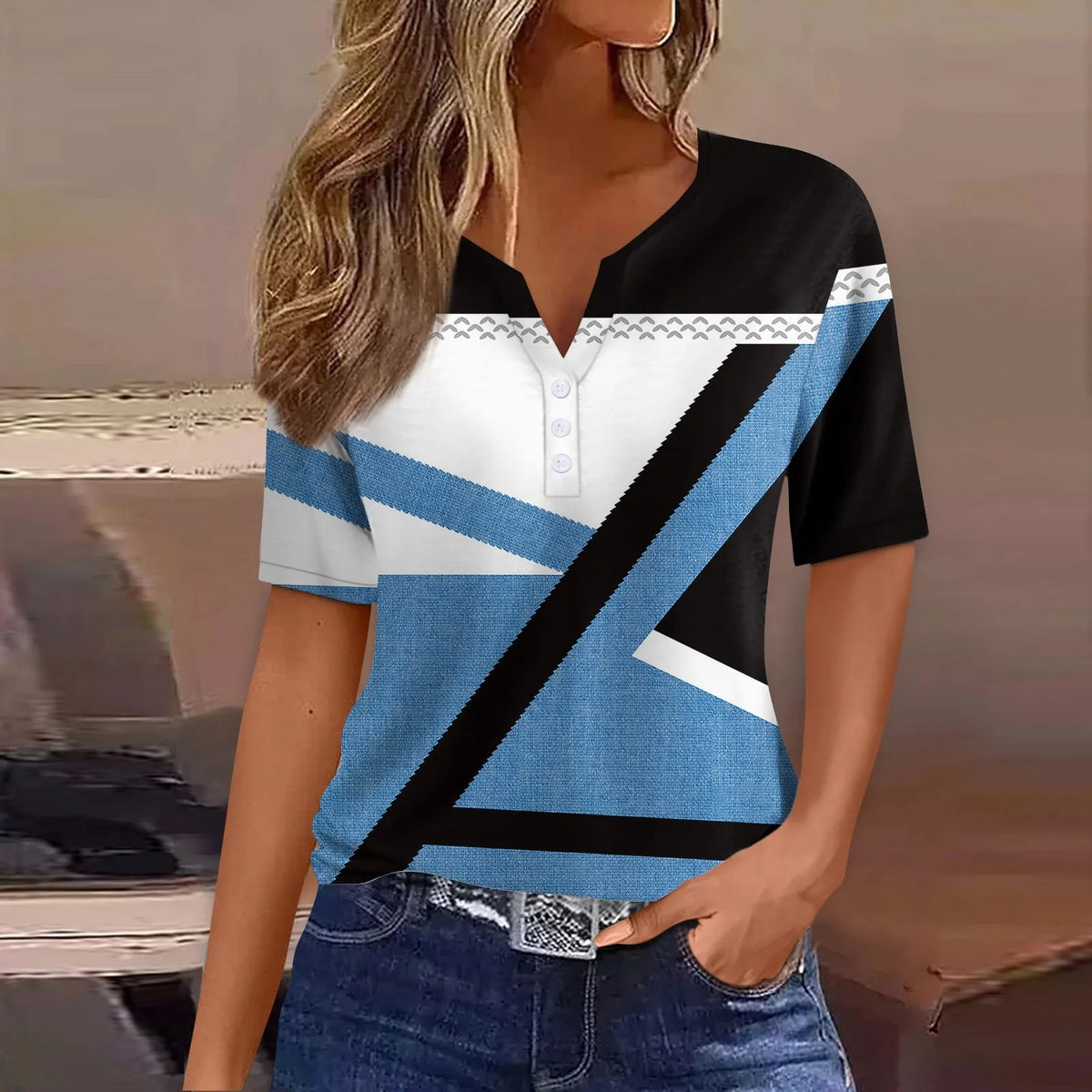 Women's Patchwork V-Neck T-Shirt Short Sleeve Casual Top S–XXXL