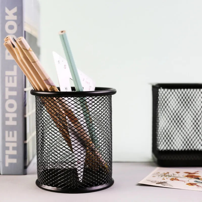 Metal Mesh Pen Holder Round Square Desk Stationery Organizer