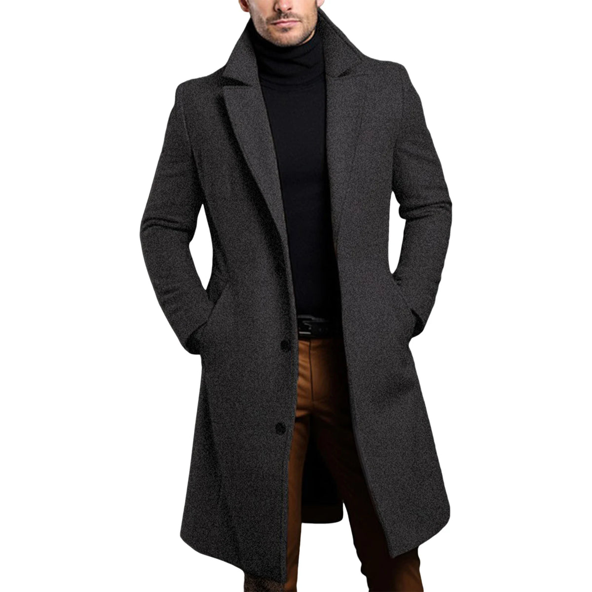 Men's Long Trench Coat – Elegant Single-Breasted Overcoat