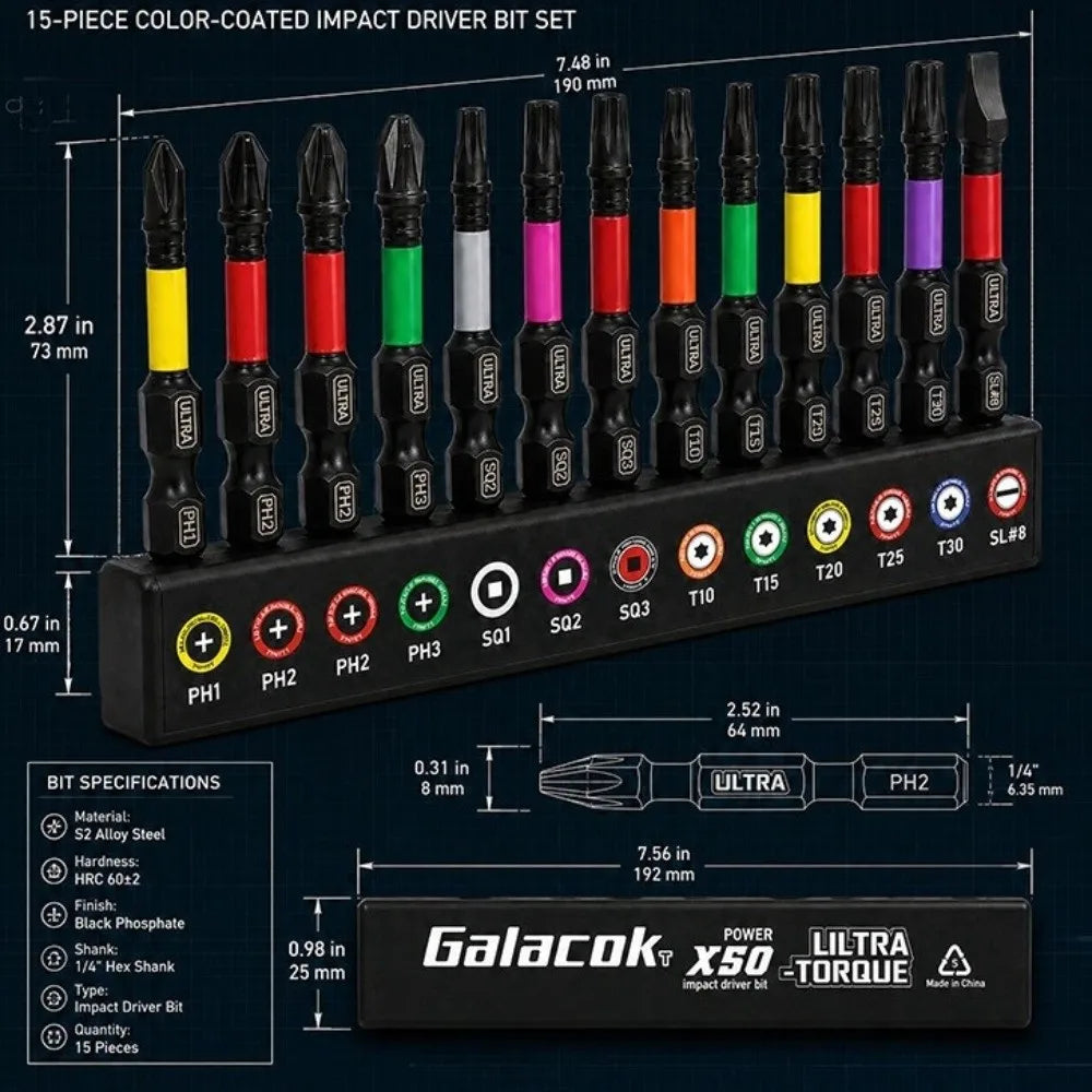 13-Pc Magnetic Impact Screwdriver Bits Set – Color-Coded S2 Steel