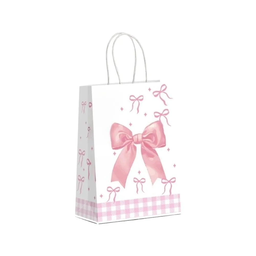 5-Pack Pink Kraft Paper Gift Bags with White Bow – Birthday Party