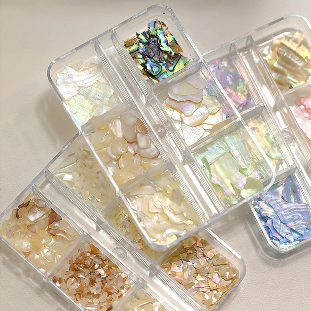 6-Grid Abalone Shell Nail Art Iridescent Pearl Flakes Manicure Set