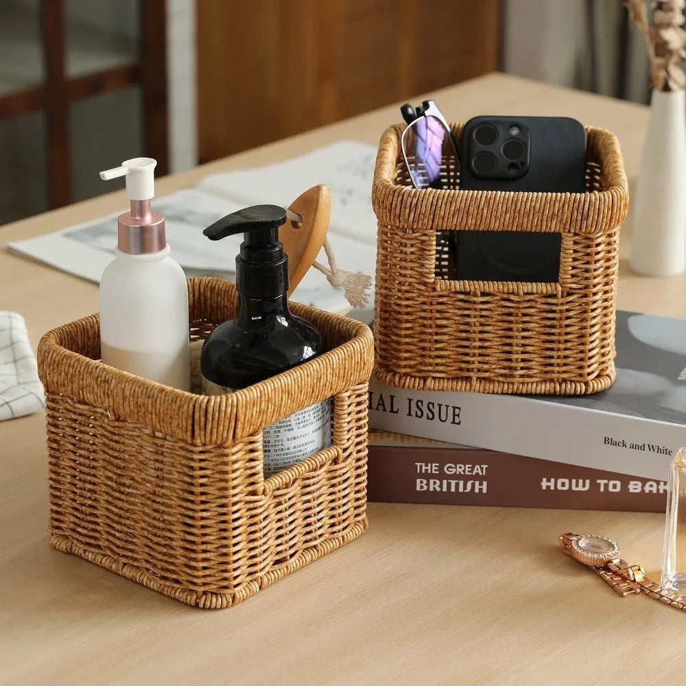 Handwoven Rattan-Style Plastic Wicker Storage Basket Organizer