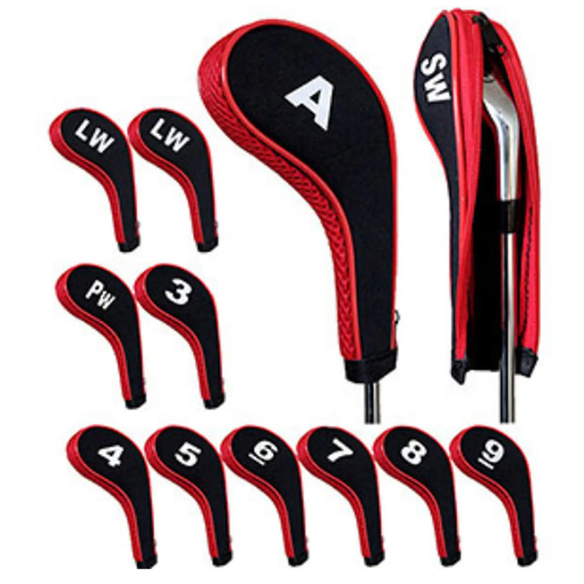 Golf Iron Head Covers 12-Pack Zippered Neoprene – Red