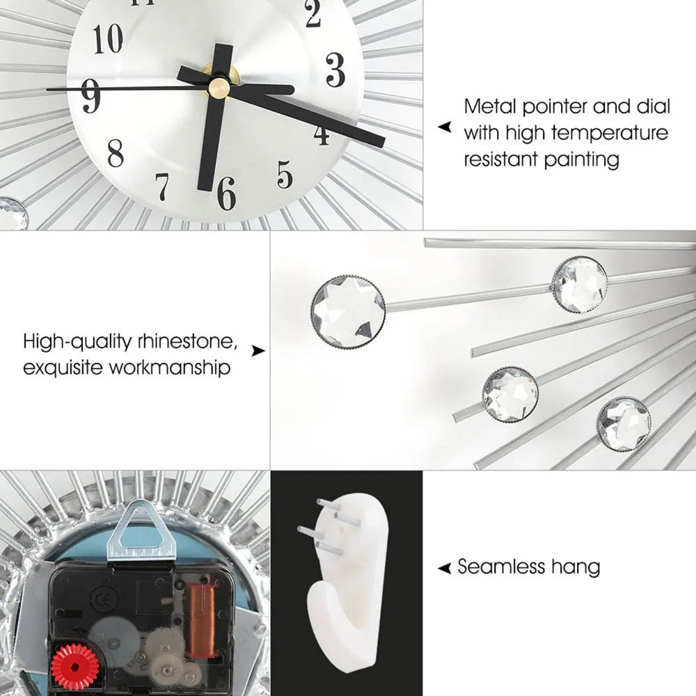 Diamond Rhinestone Metal Wall Clock – Silent Quartz Movement