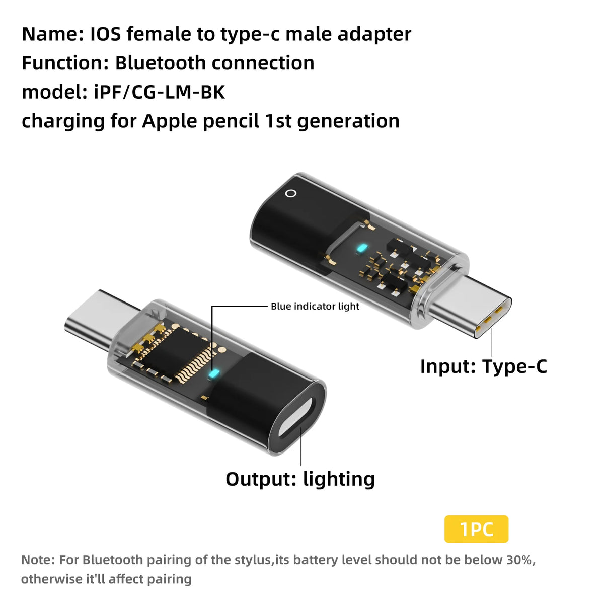 Lightning to USB-C Adapter for Apple Pencil 1st Gen Charging