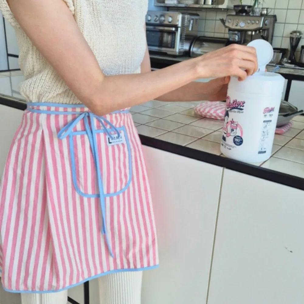 Striped Cotton Waist Apron with Pocket & Tie-Belt | Kitchen Half Apron